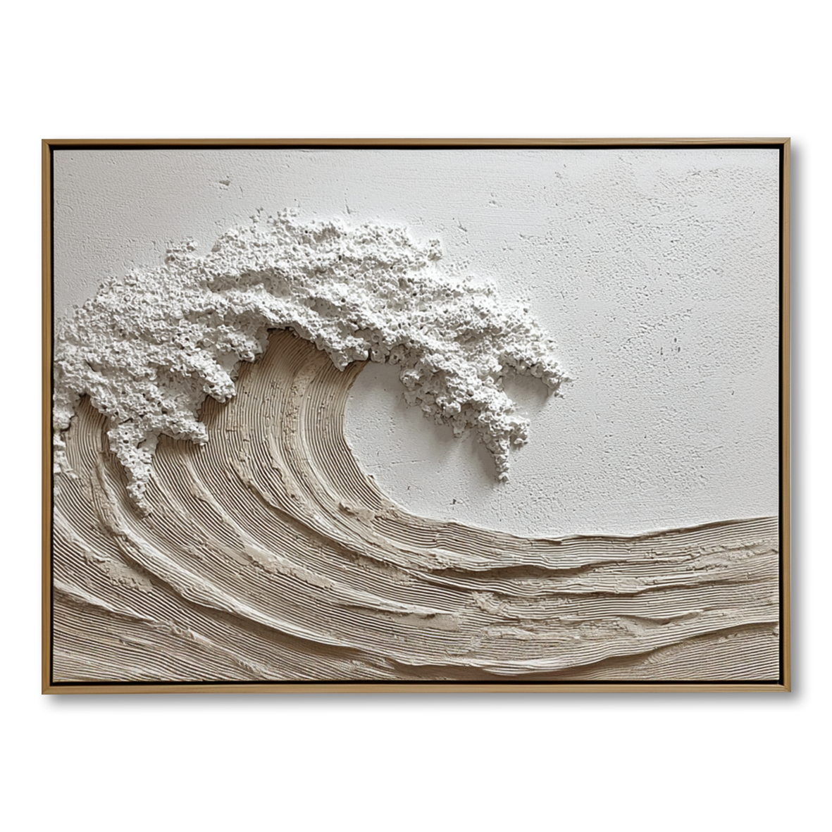 Textured 3D wave oil painting with white foam and intricate lines on canvas