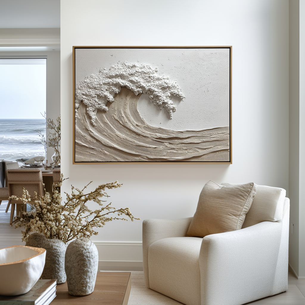 Textured 3D wave oil painting with white foam and intricate lines on canvas