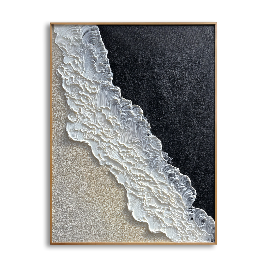 Textured abstract wave oil painting in black, beige, and white with 3D relief effects