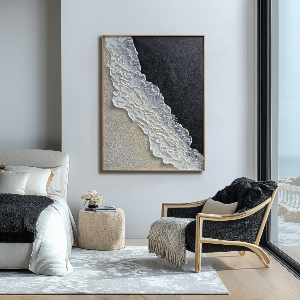 Textured abstract wave oil painting in black, beige, and white with 3D relief effects