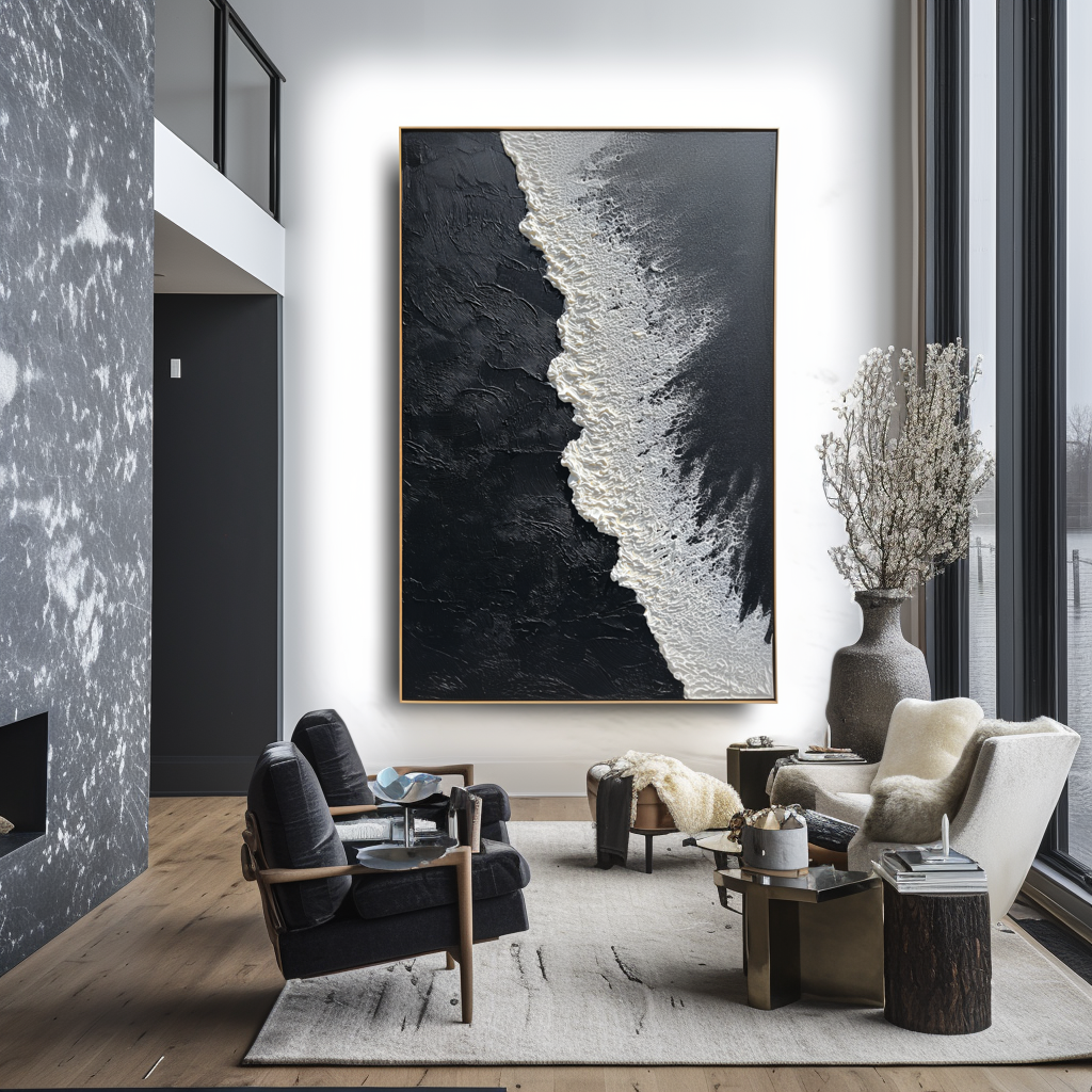 3D textured black and white ocean wave oil painting with thick sculpted foam