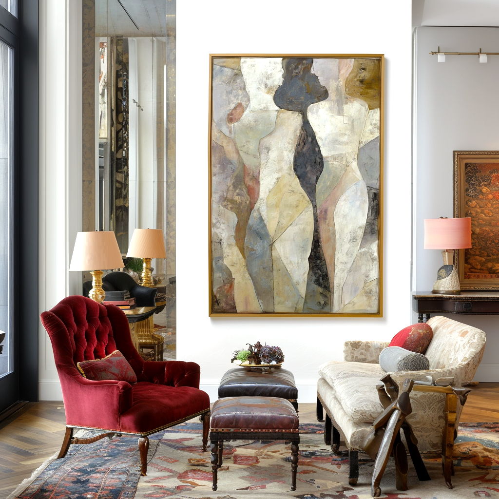 Textured abstract oil painting of two human figures in muted earthy tones with geometric shapes