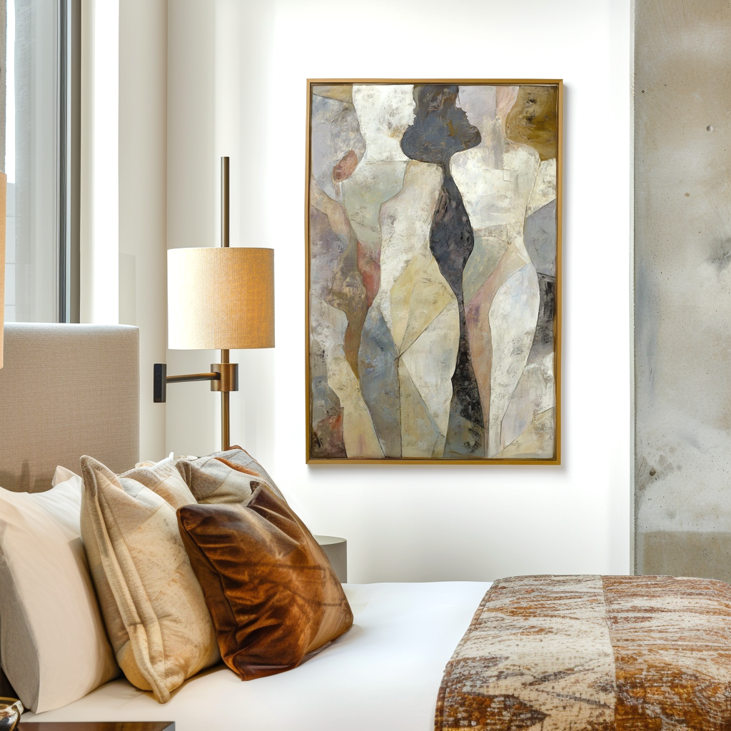 Textured abstract oil painting of two human figures in muted earthy tones with geometric shapes