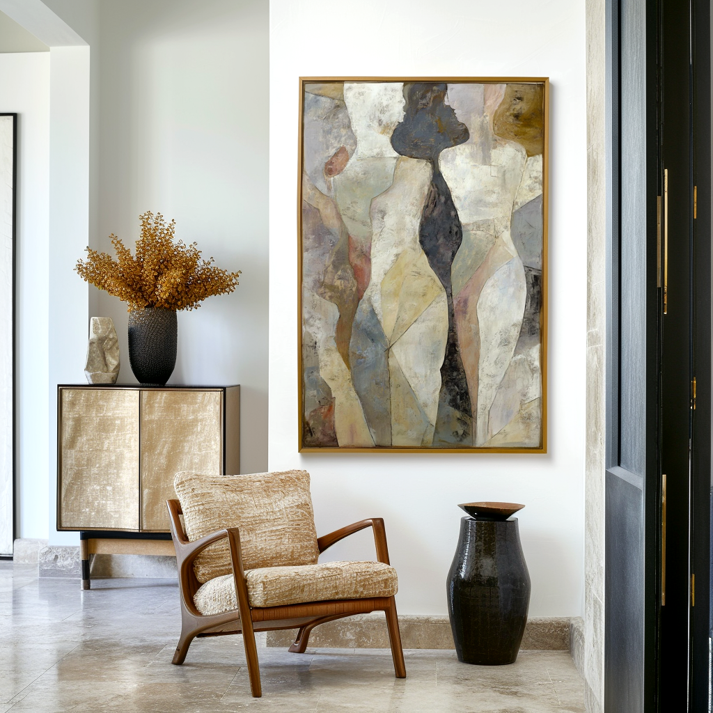 Textured abstract oil painting of two human figures in muted earthy tones with geometric shapes