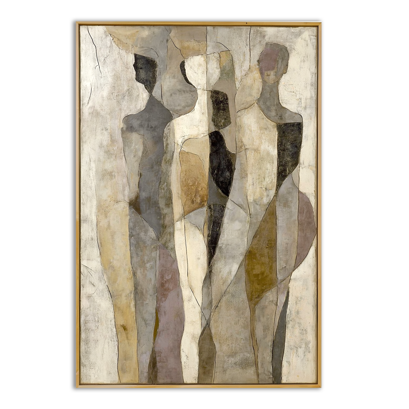 Abstract trio of minimalist human figures in muted earthy tones with geometric shapes