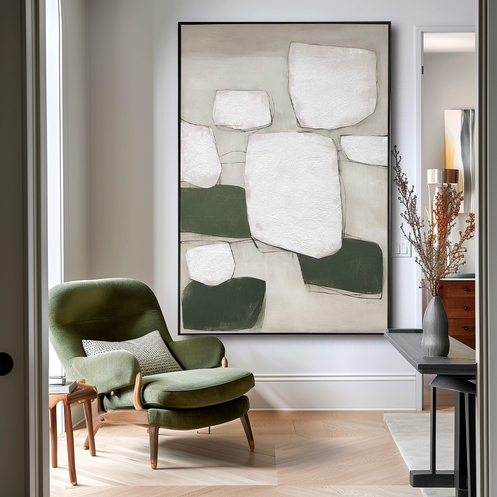 Textured abstract oil painting with white rectangles and green geometric shapes