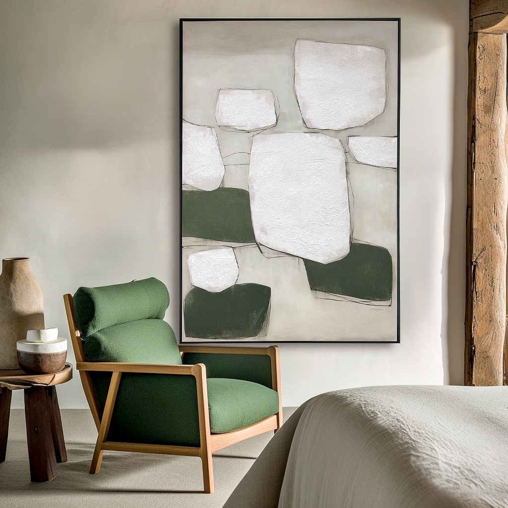 Textured abstract oil painting with white rectangles and green geometric shapes