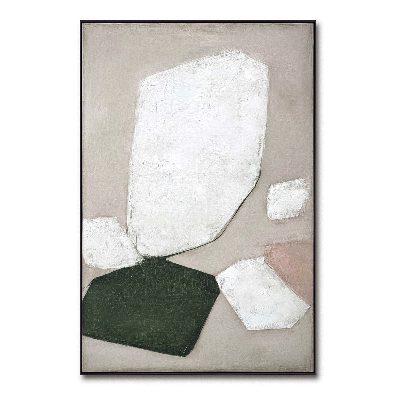 Textured abstract oil painting with geometric white, green, and pink shapes on a gray background