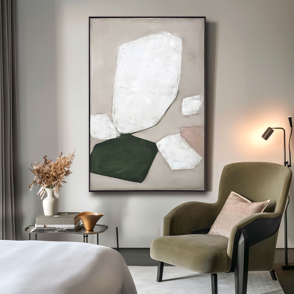 Textured abstract oil painting with geometric white, green, and pink shapes on a gray background