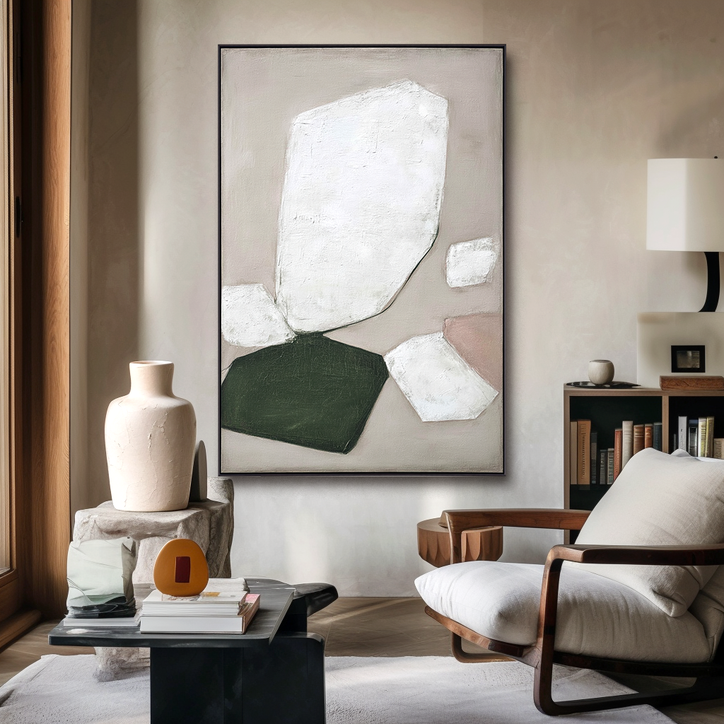 Textured abstract oil painting with geometric white, green, and pink shapes on a gray background