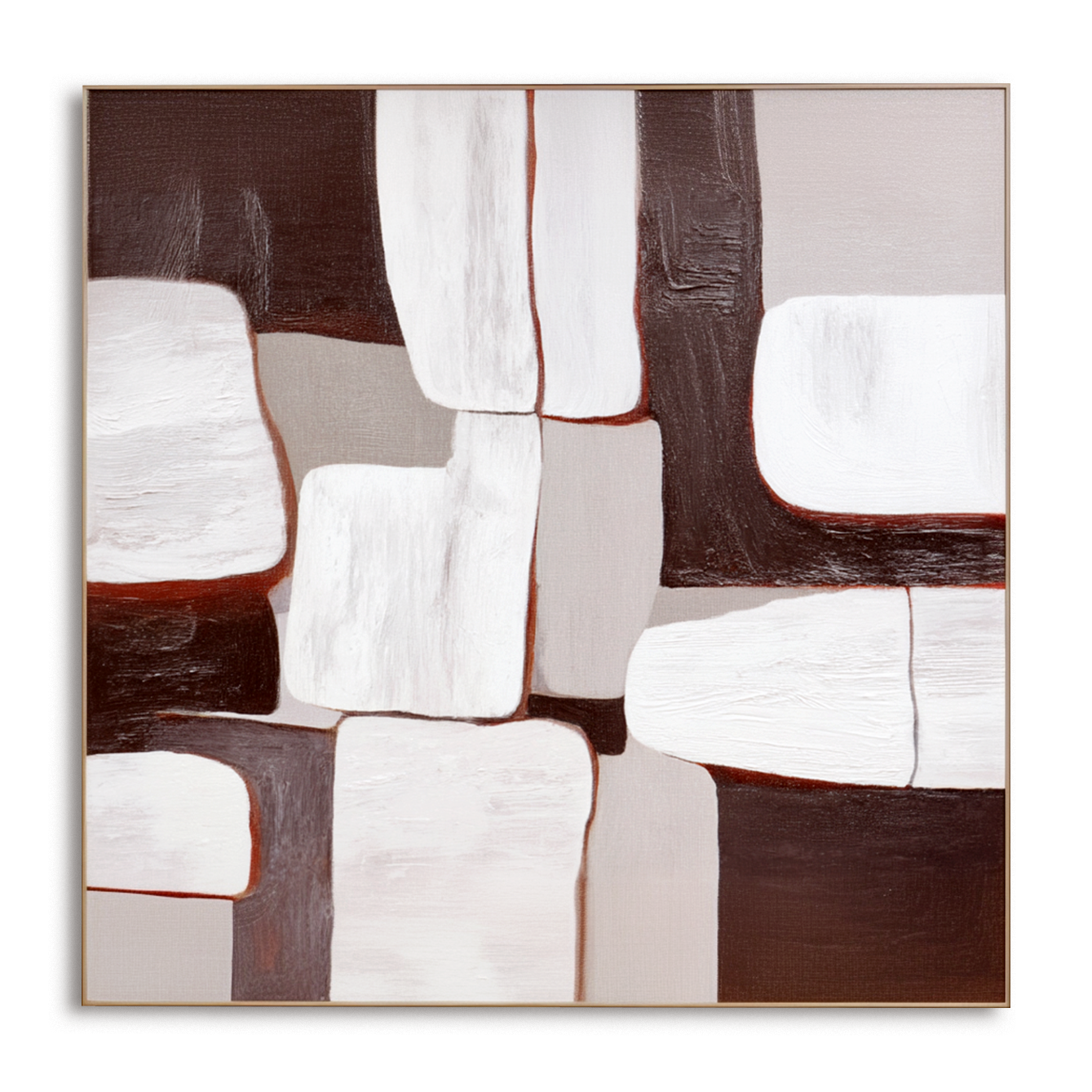 Textured abstract oil painting with white, gray, and brown geometric shapes