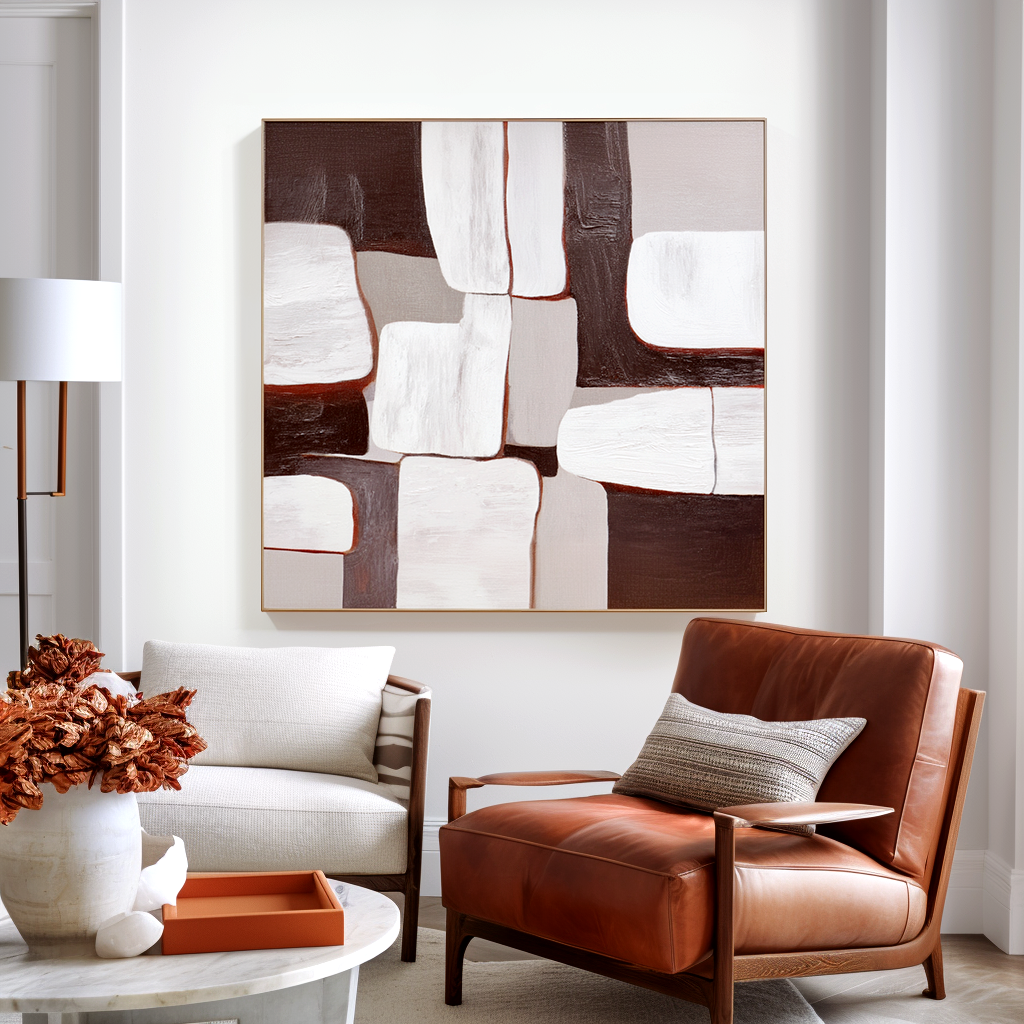 Textured abstract oil painting with white, gray, and brown geometric shapes