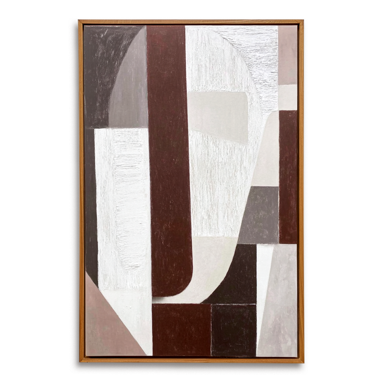 Textured abstract oil painting with geometric shapes in brown, gray, and white tones