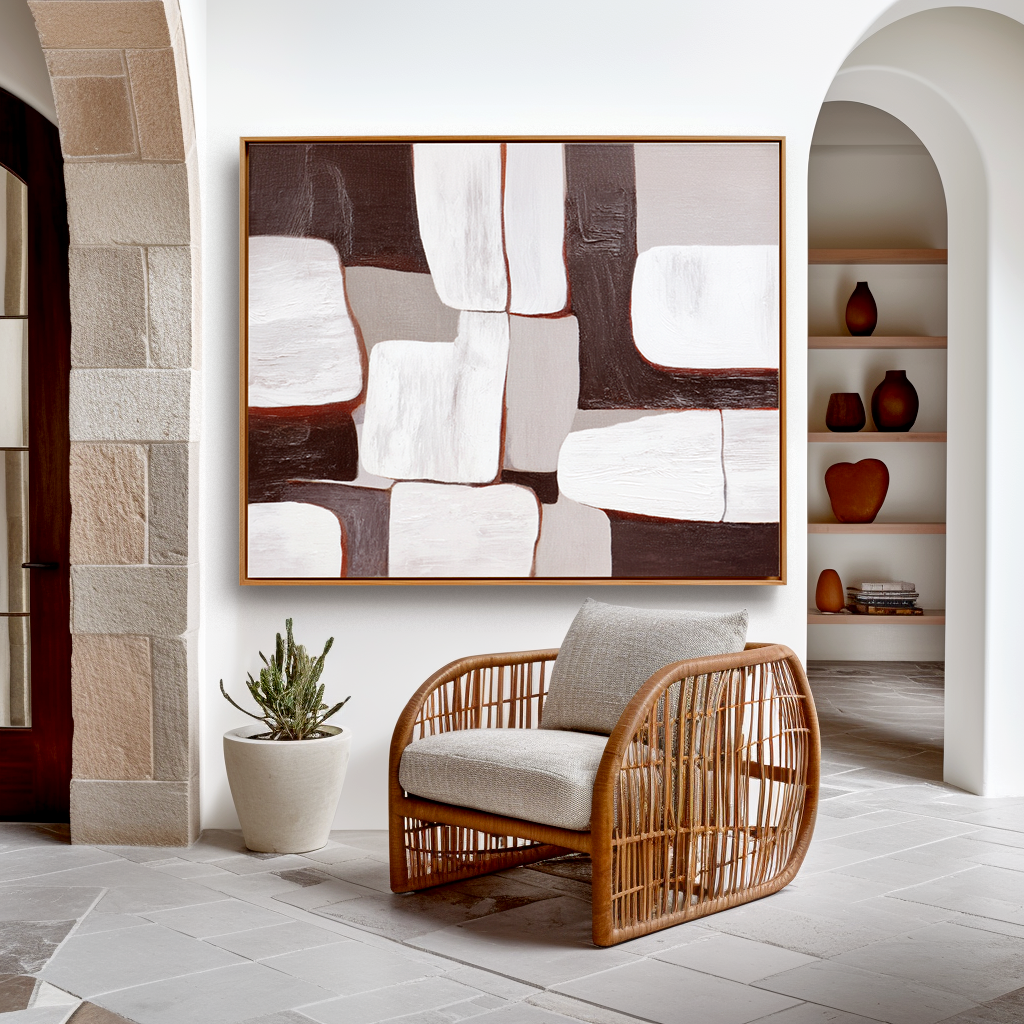 Abstract oil painting with geometric white, gray, and brown blocks in textured design