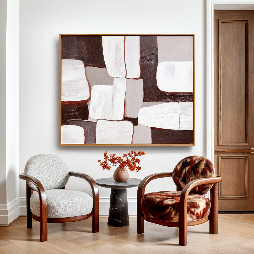 Abstract oil painting with geometric white, gray, and brown blocks in textured design