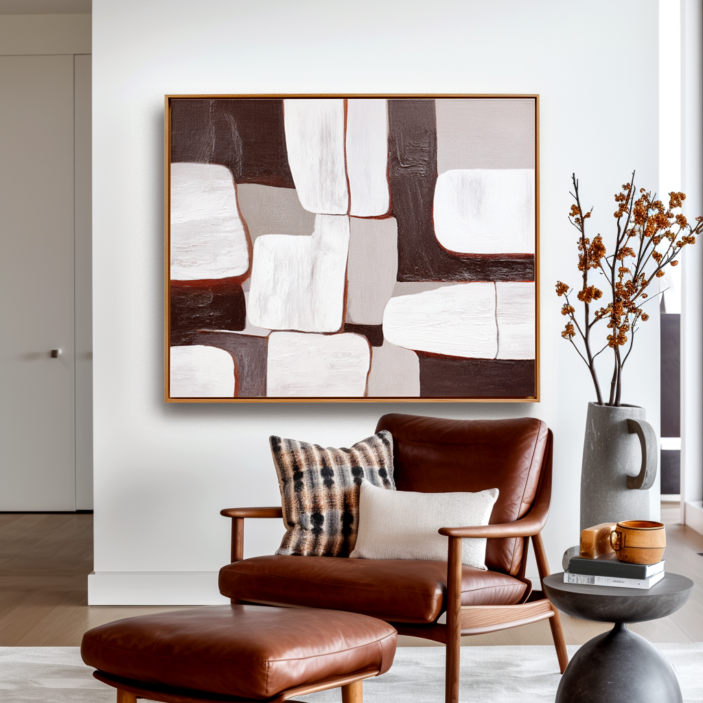 Abstract oil painting with geometric white, gray, and brown blocks in textured design