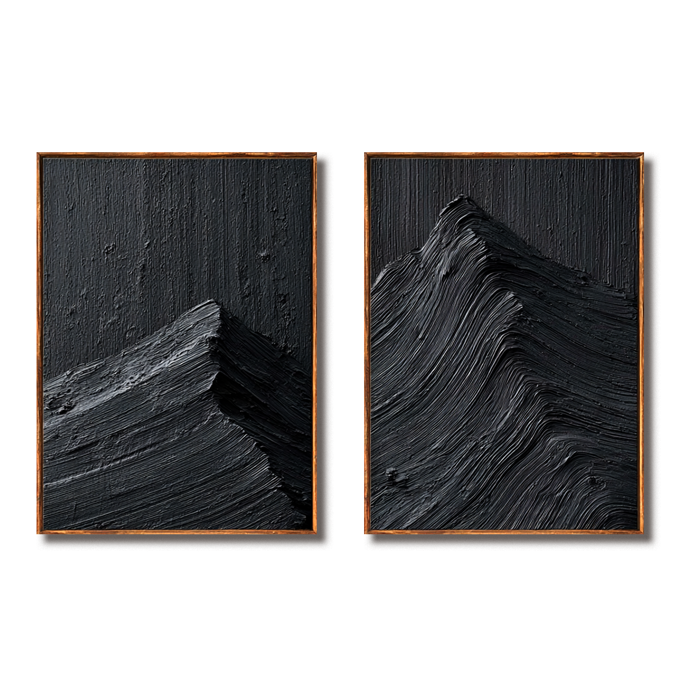 Textured abstract oil painting set of black mountain peaks with impasto brushstrokes