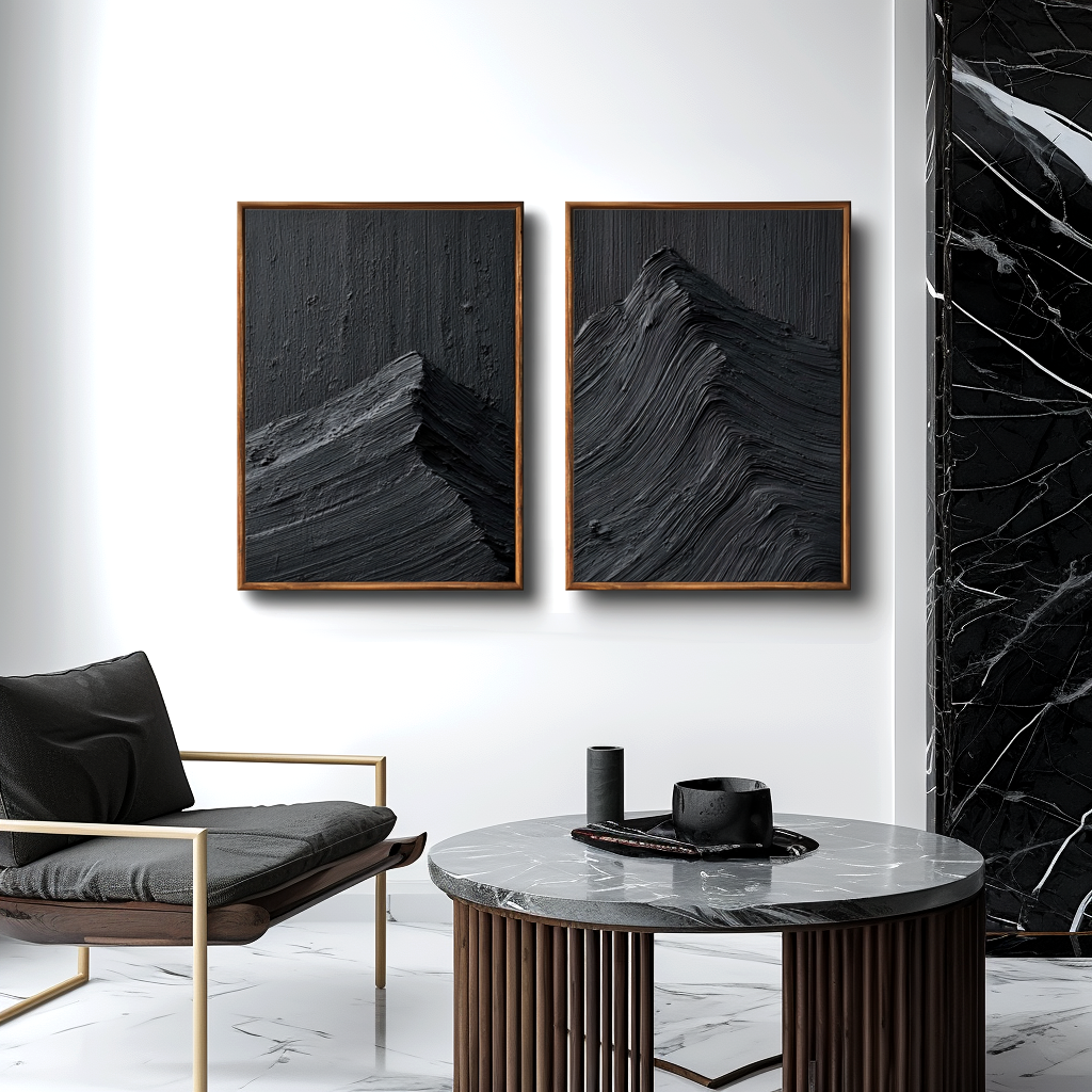 Textured abstract oil painting set of black mountain peaks with impasto brushstrokes