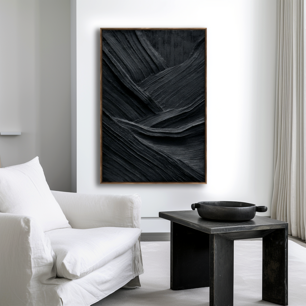 Abstract textured black oil painting with dynamic waves and impasto brushstrokes