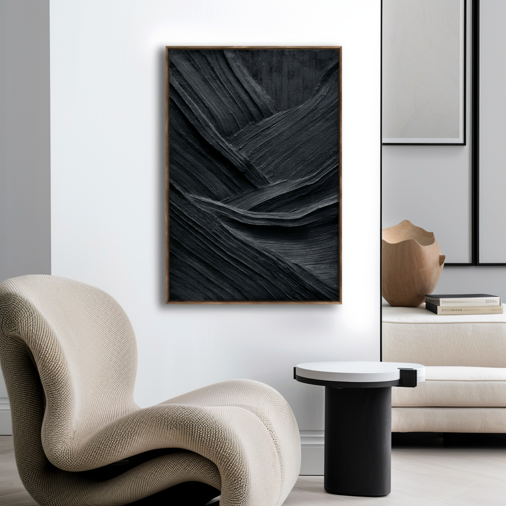 Abstract textured black oil painting with dynamic waves and impasto brushstrokes