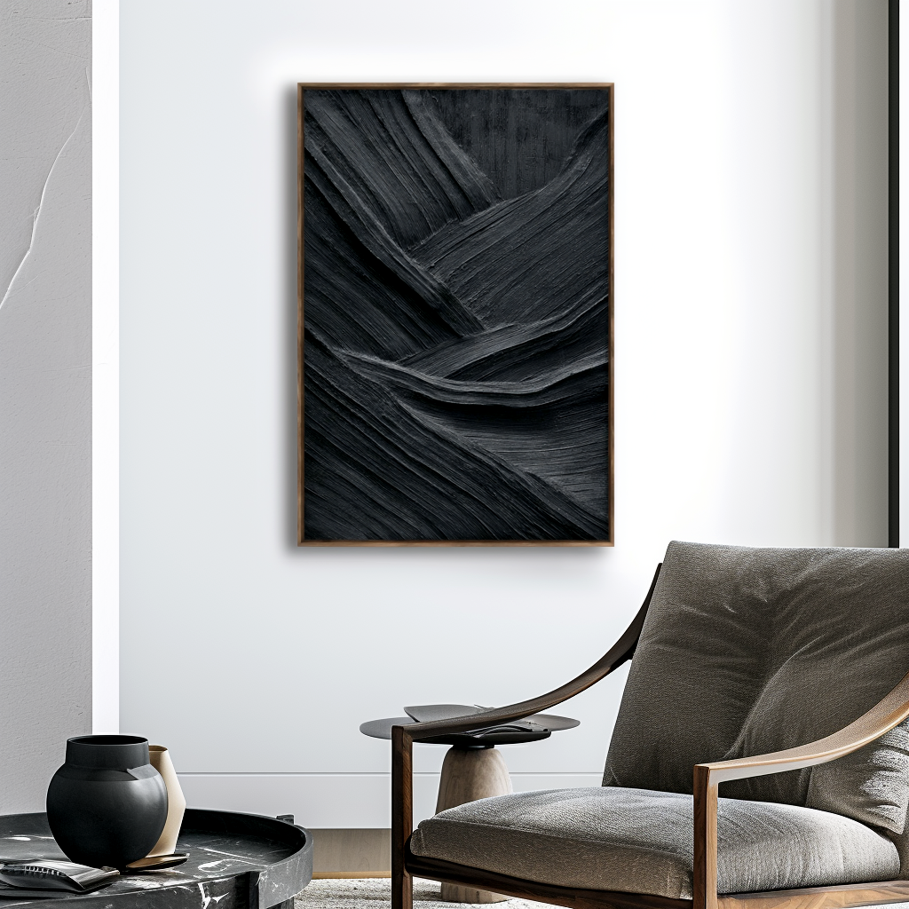 Abstract textured black oil painting with dynamic waves and impasto brushstrokes