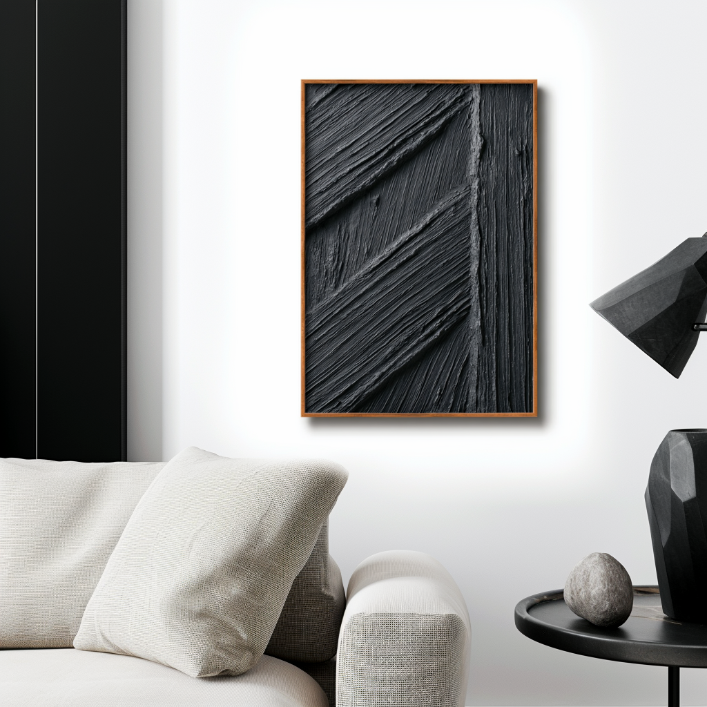 Abstract textured black oil painting with angular brushstrokes and geometric lines