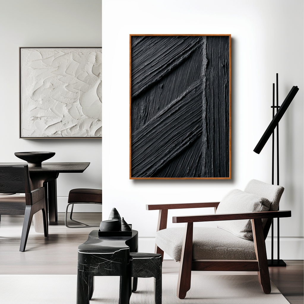 Abstract textured black oil painting with angular brushstrokes and geometric lines