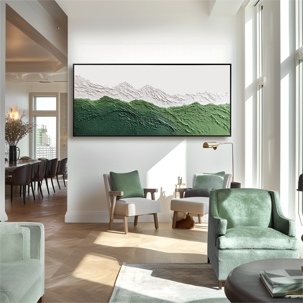 Textured abstract oil painting of green mountains with white snowy peaks
