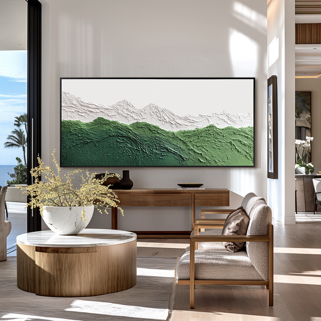 Textured abstract oil painting of green mountains with white snowy peaks