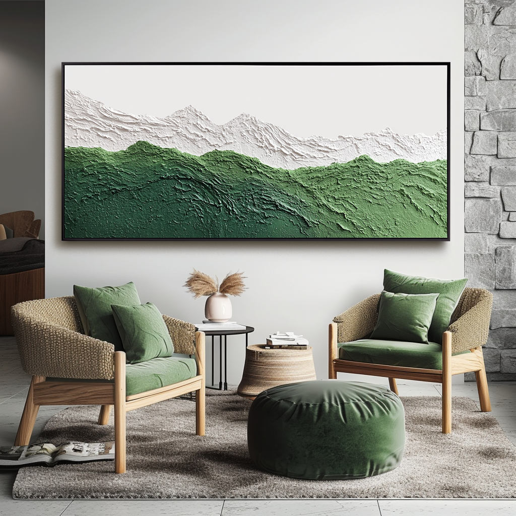 Textured abstract oil painting of green mountains with white snowy peaks