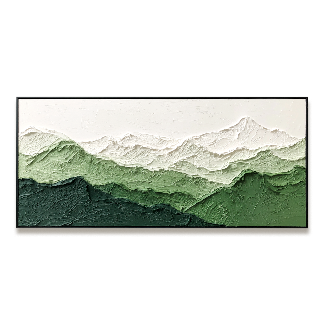 Textured abstract oil painting of a green mountain range with snow-capped peaks