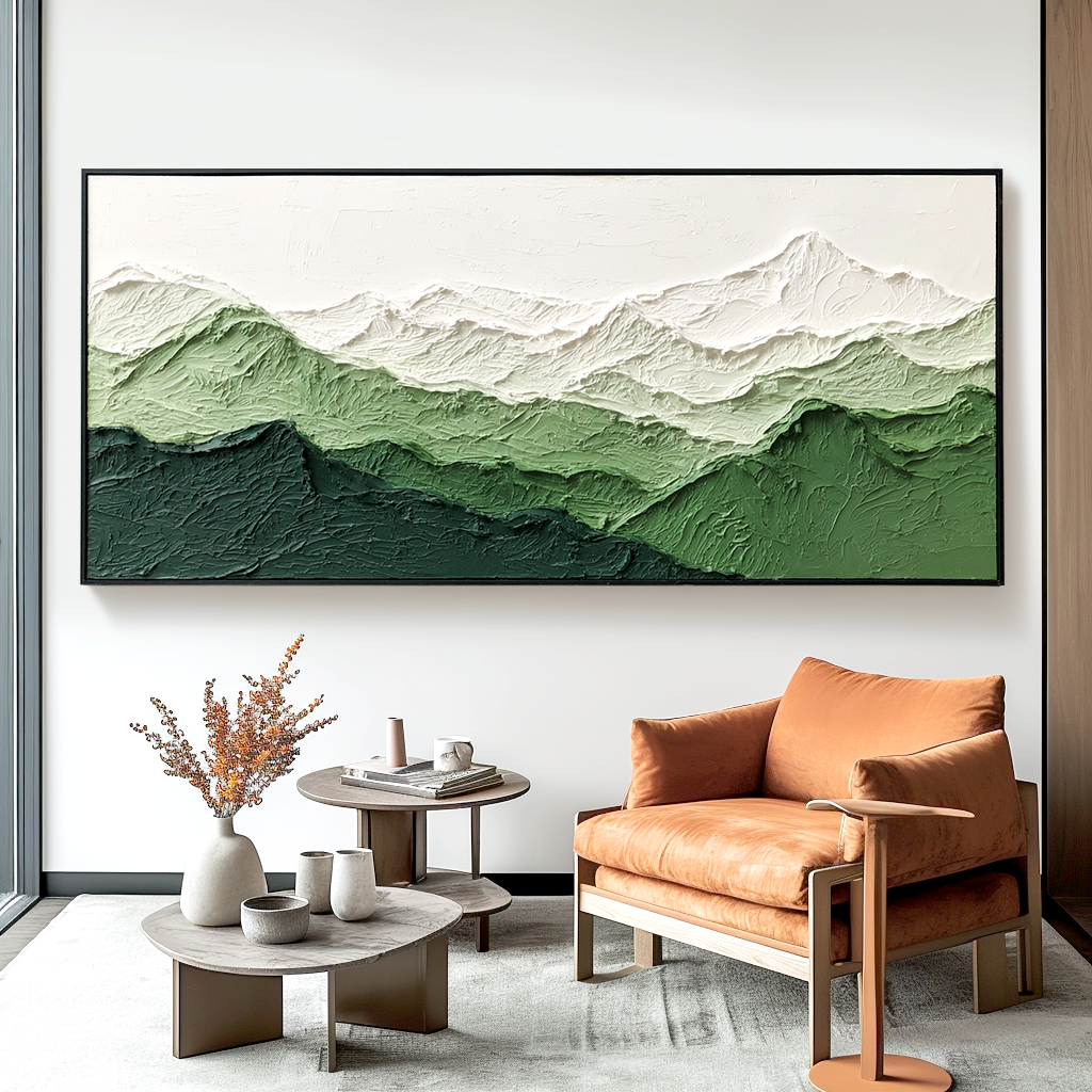 Textured abstract oil painting of a green mountain range with snow-capped peaks