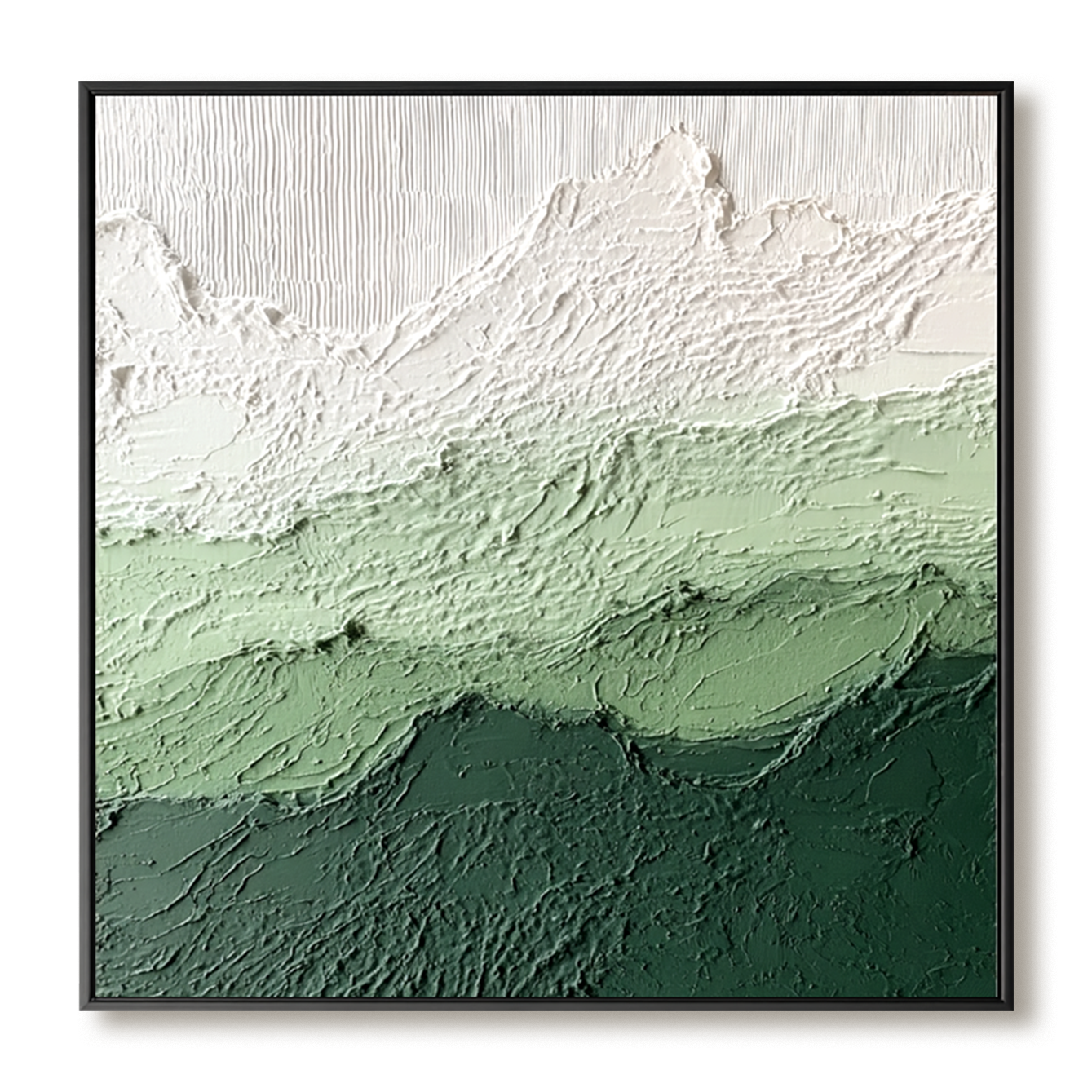 Textured abstract oil painting of green mountains with snow-covered peaks in white