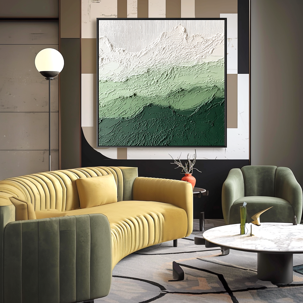 Textured abstract oil painting of green mountains with snow-covered peaks in white