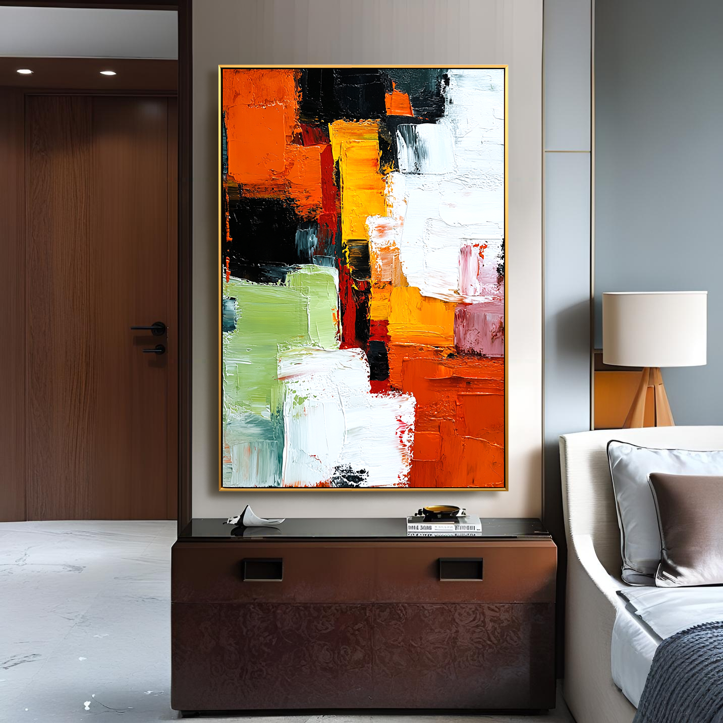 Abstract oil painting with bold textured strokes in orange, green, yellow, black, and white.