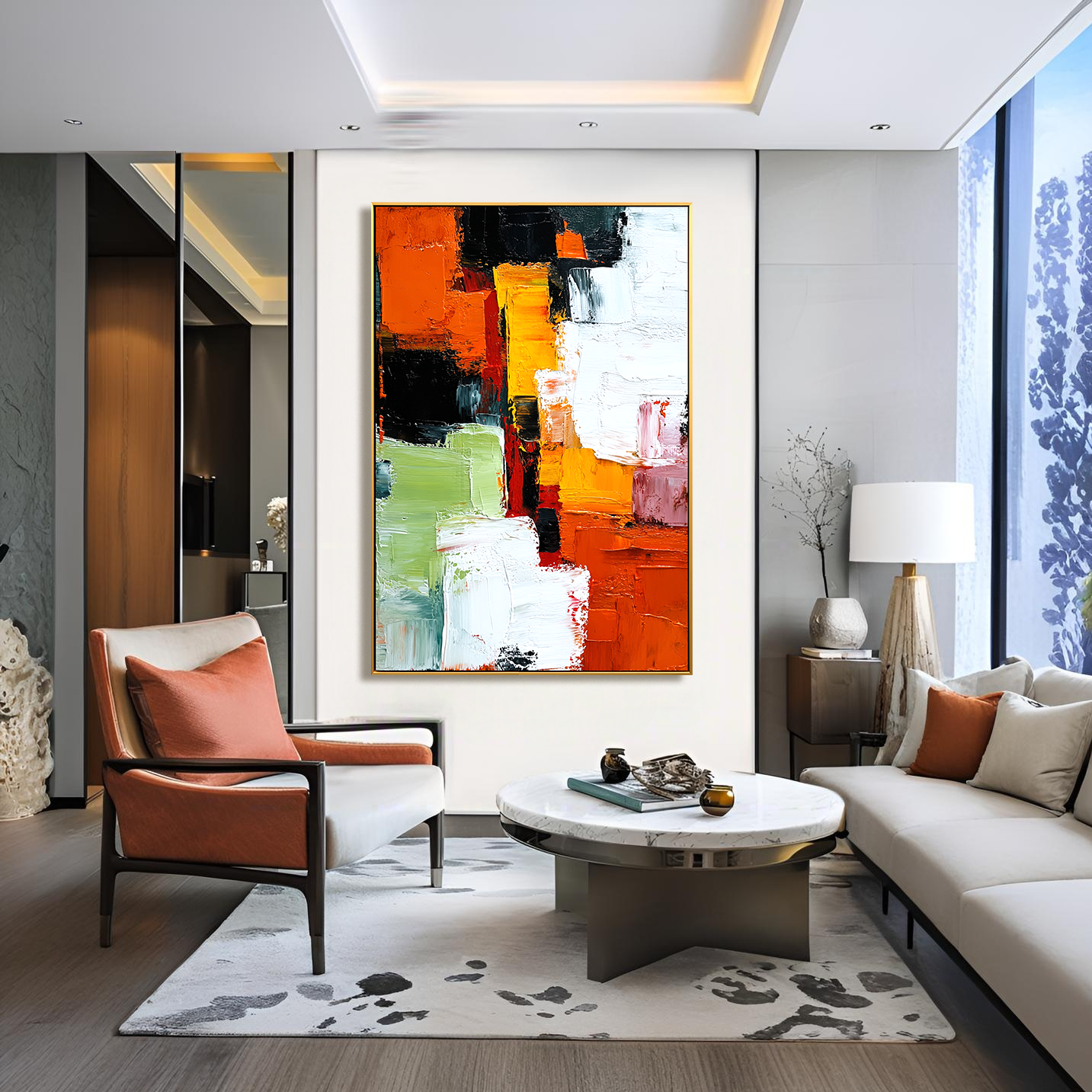 Abstract oil painting with bold textured strokes in orange, green, yellow, black, and white.