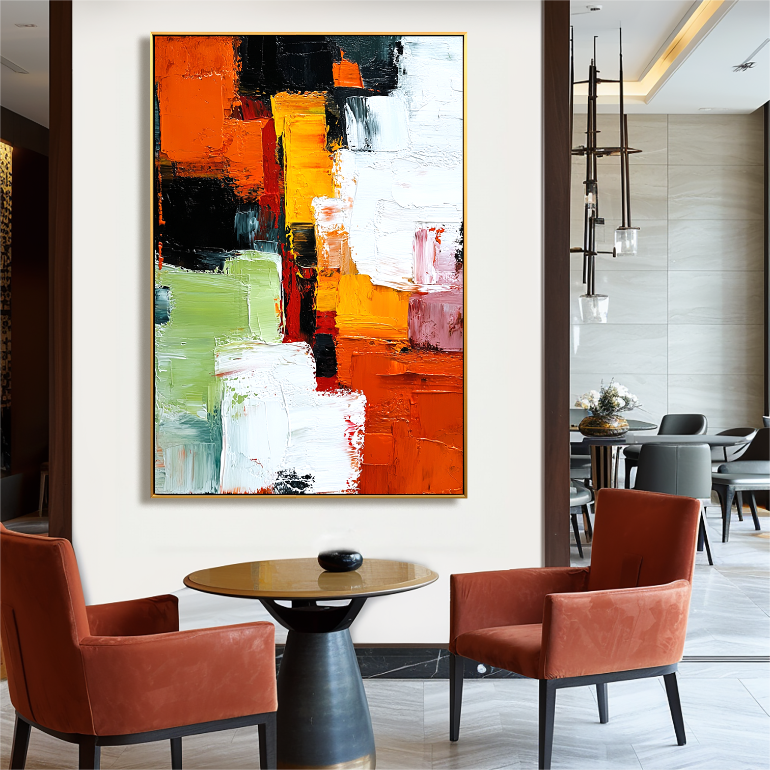 Abstract oil painting with bold textured strokes in orange, green, yellow, black, and white.