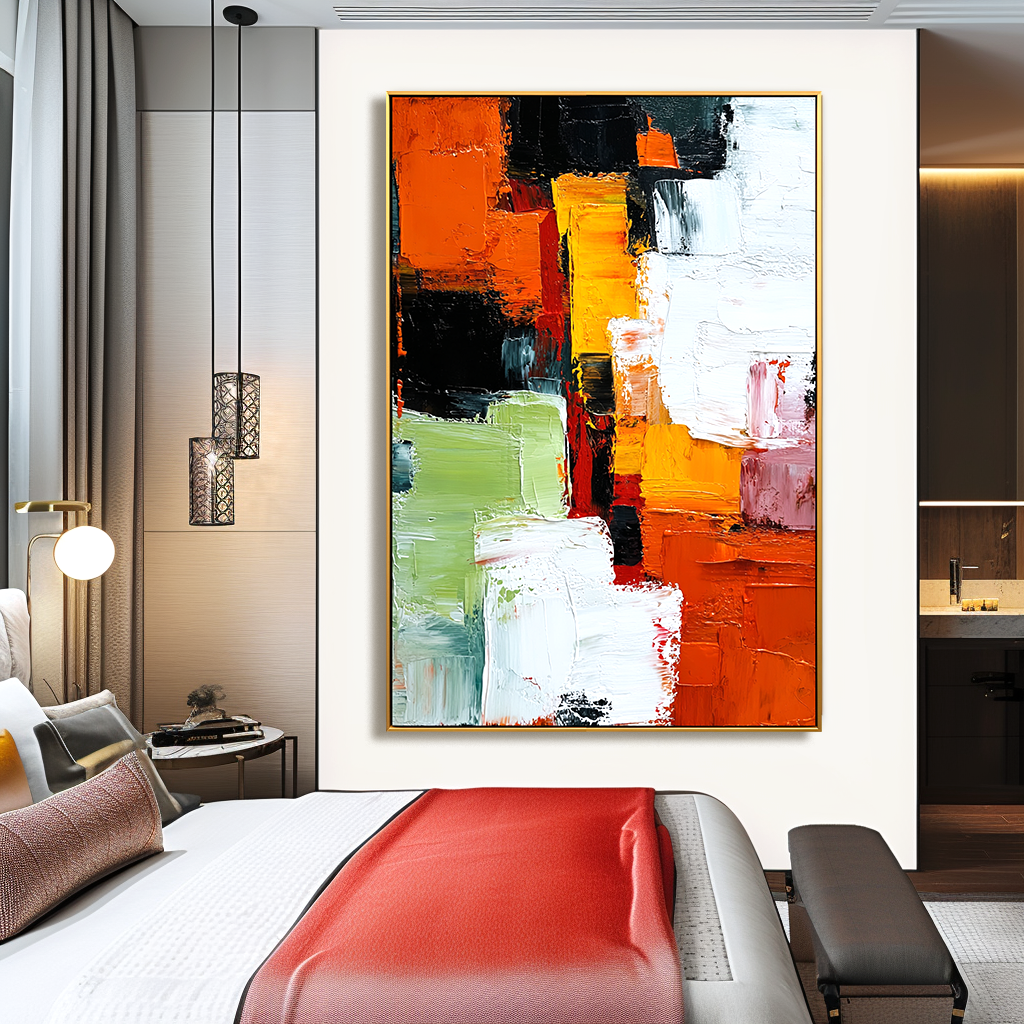Abstract oil painting with bold textured strokes in orange, green, yellow, black, and white.