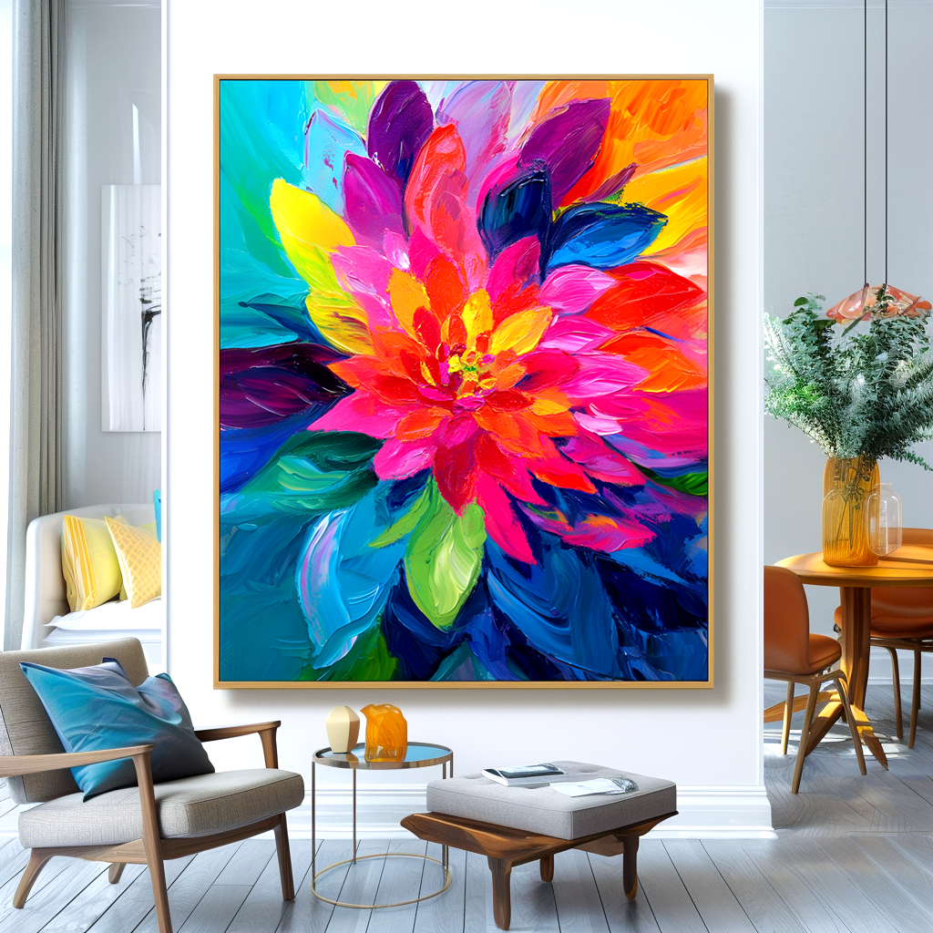 Vibrant Floral Oil Painting – Colorful Abstract Flower Art for Bold Spaces