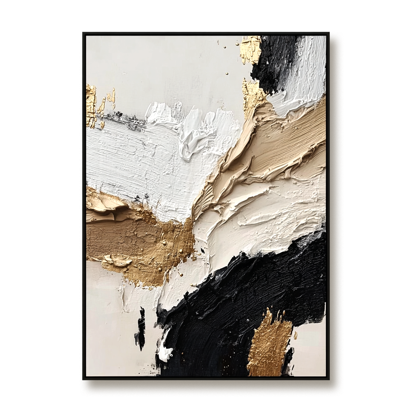 Elegant abstract oil painting with black, white, and gold textures in bold impasto strokes.