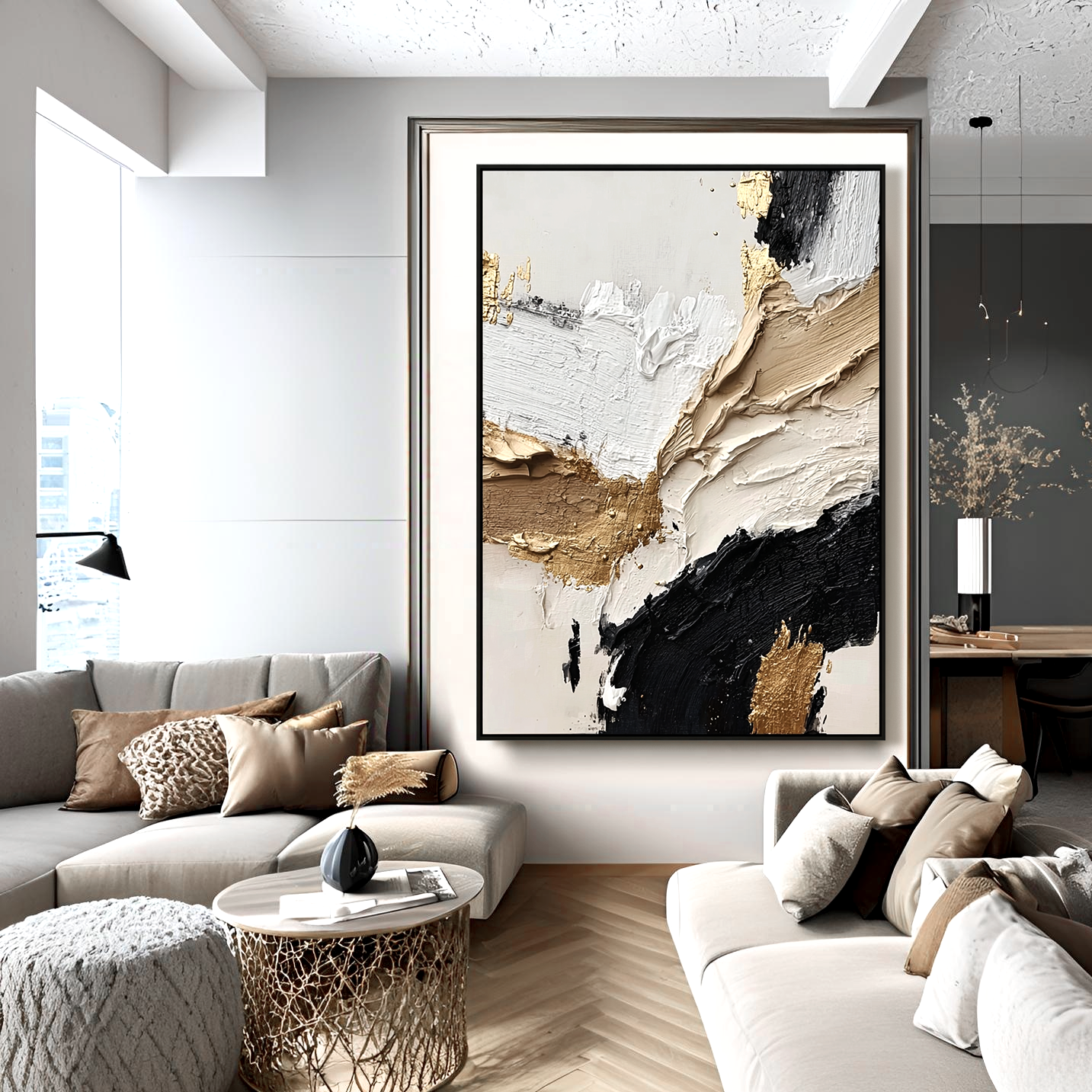 Elegant abstract oil painting with black, white, and gold textures in bold impasto strokes.
