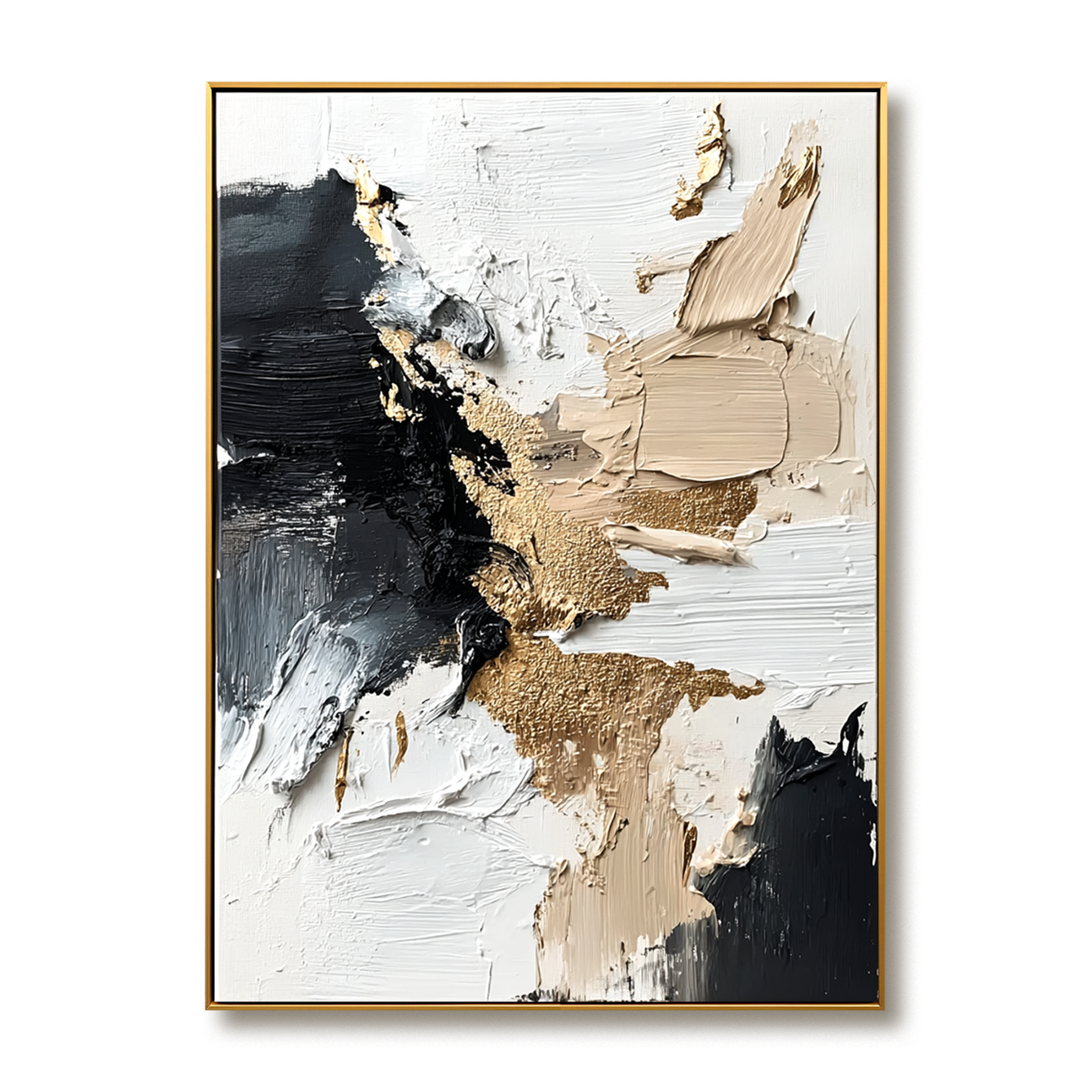 Bold abstract oil painting in black, white, and gold with textured impasto brushstrokes.
