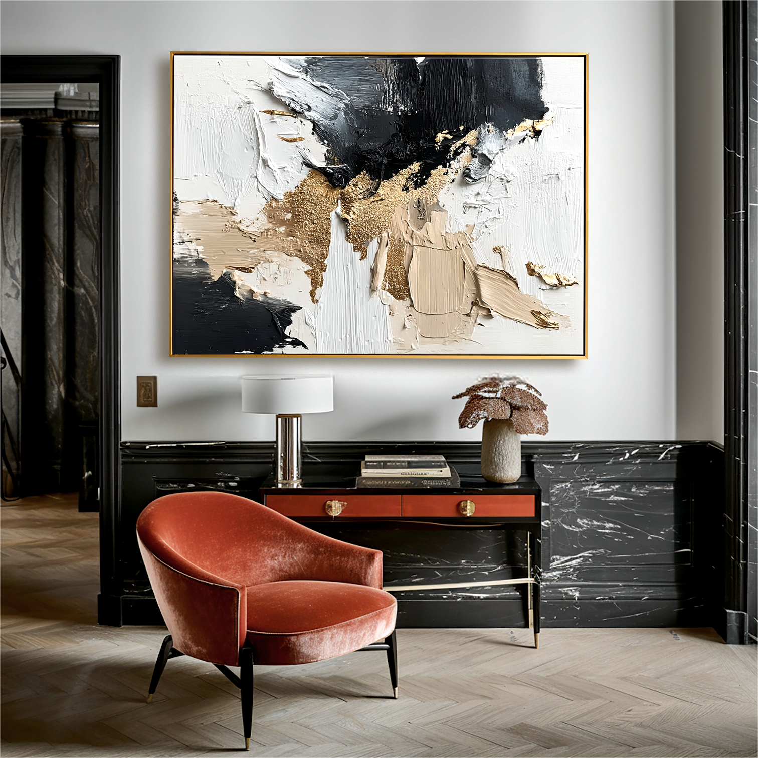 Bold abstract oil painting in black, white, and gold with textured impasto brushstrokes.