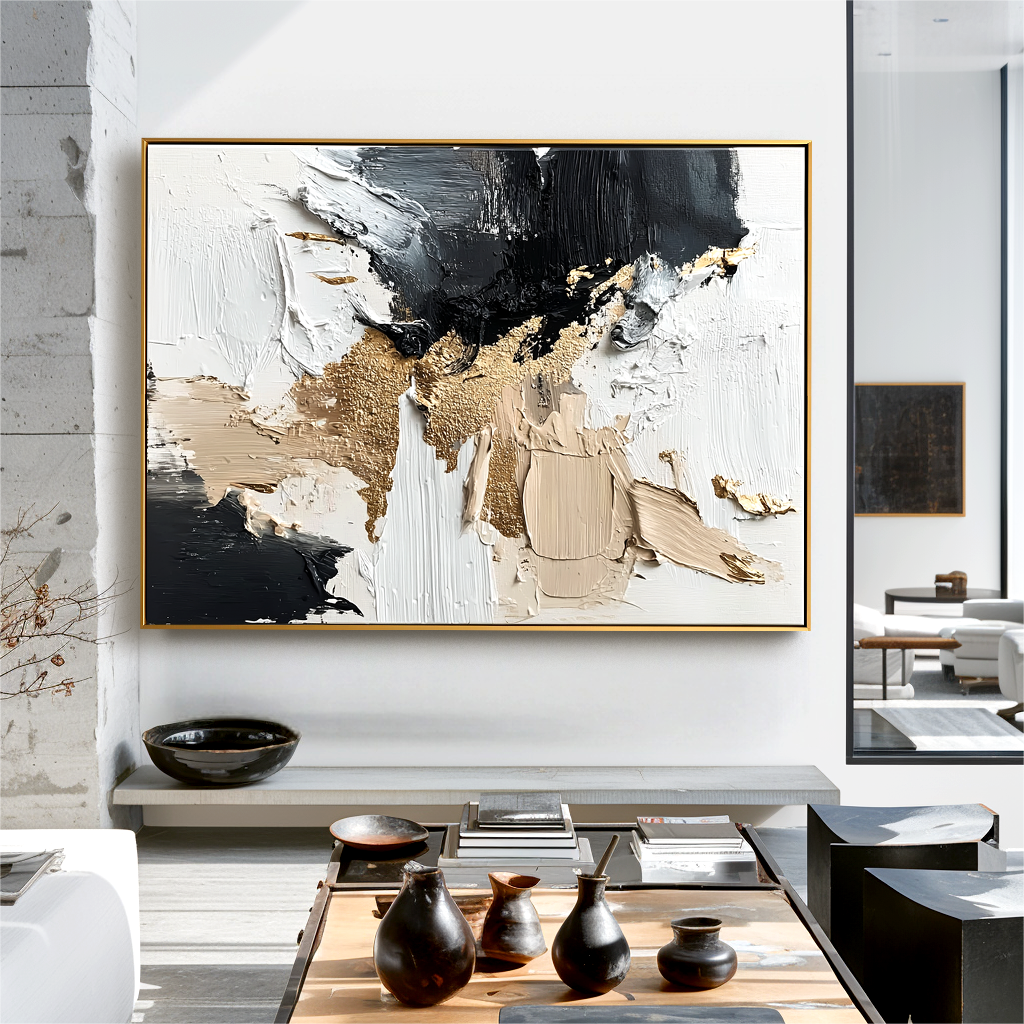 Bold abstract oil painting in black, white, and gold with textured impasto brushstrokes.
