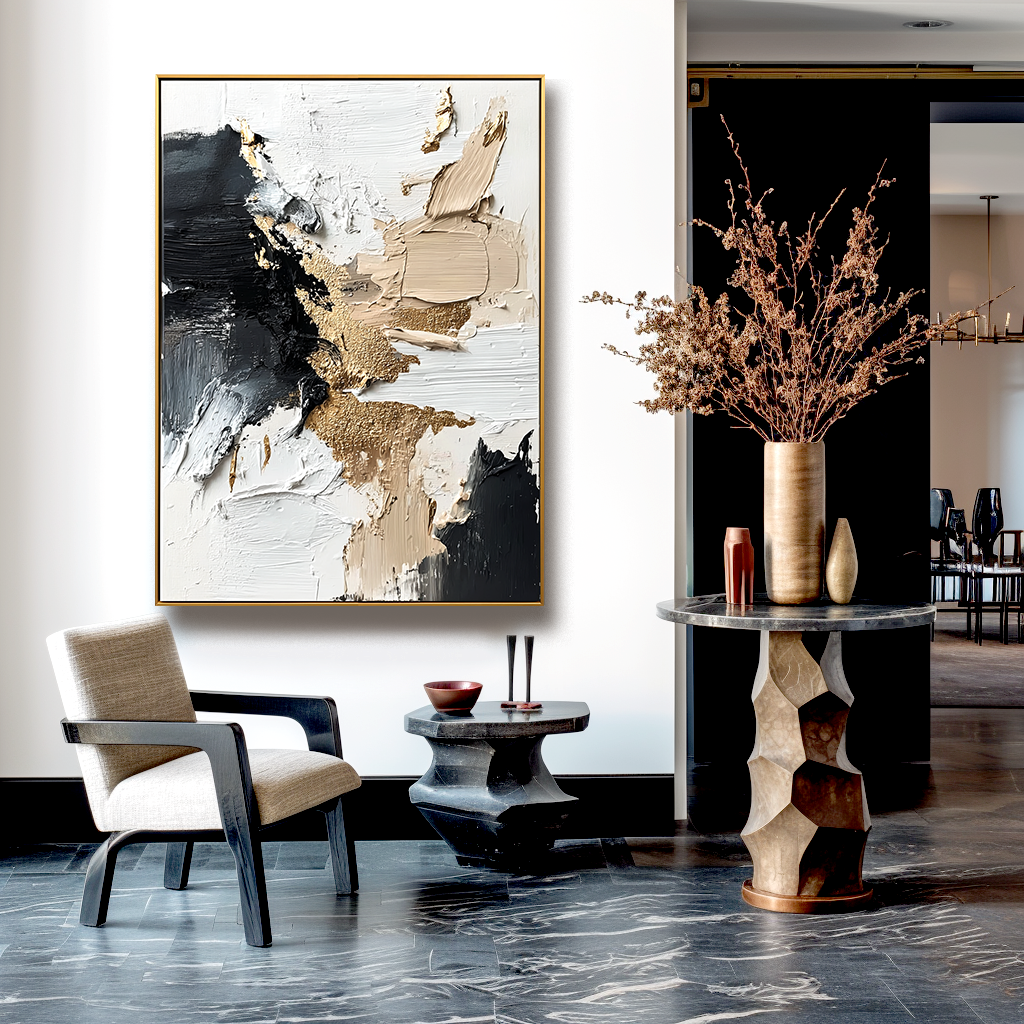 Bold abstract oil painting in black, white, and gold with textured impasto brushstrokes.