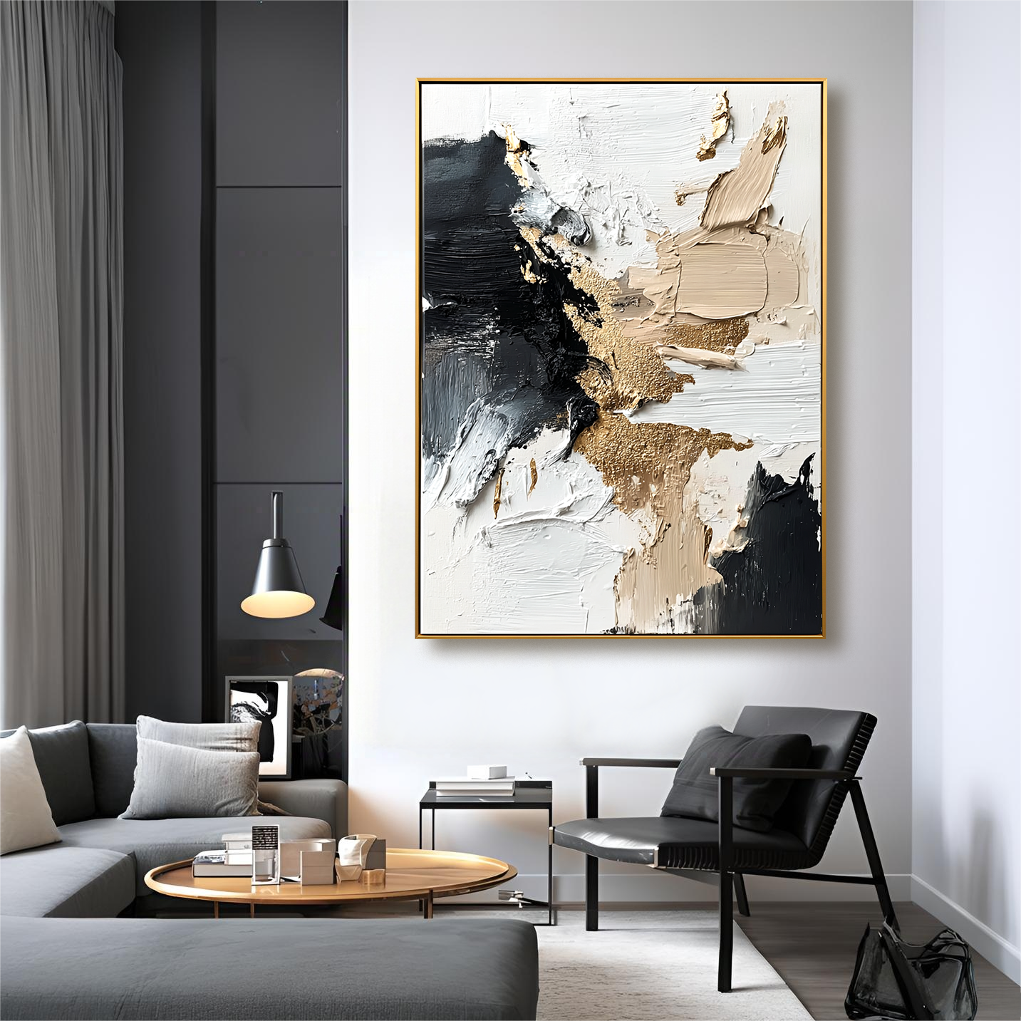 Bold abstract oil painting in black, white, and gold with textured impasto brushstrokes.