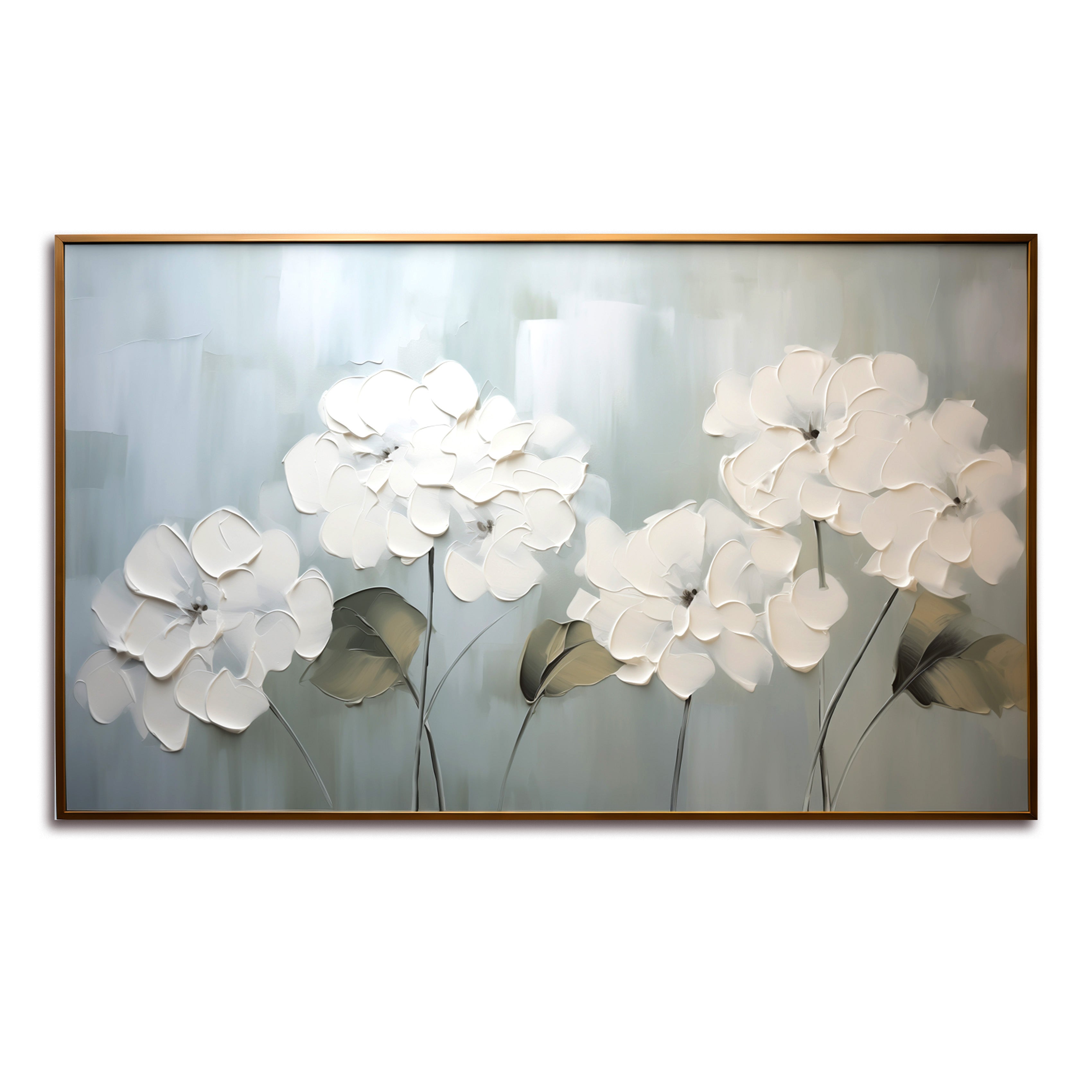 Elegant white flower oil painting with textured brushstrokes and a soft light blue background.