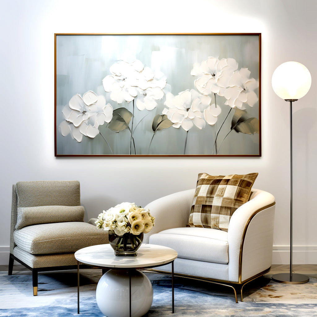 Elegant white flower oil painting with textured brushstrokes and a soft light blue background.
