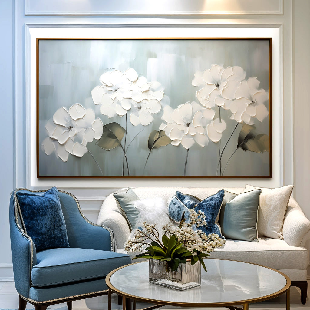 Elegant white flower oil painting with textured brushstrokes and a soft light blue background.