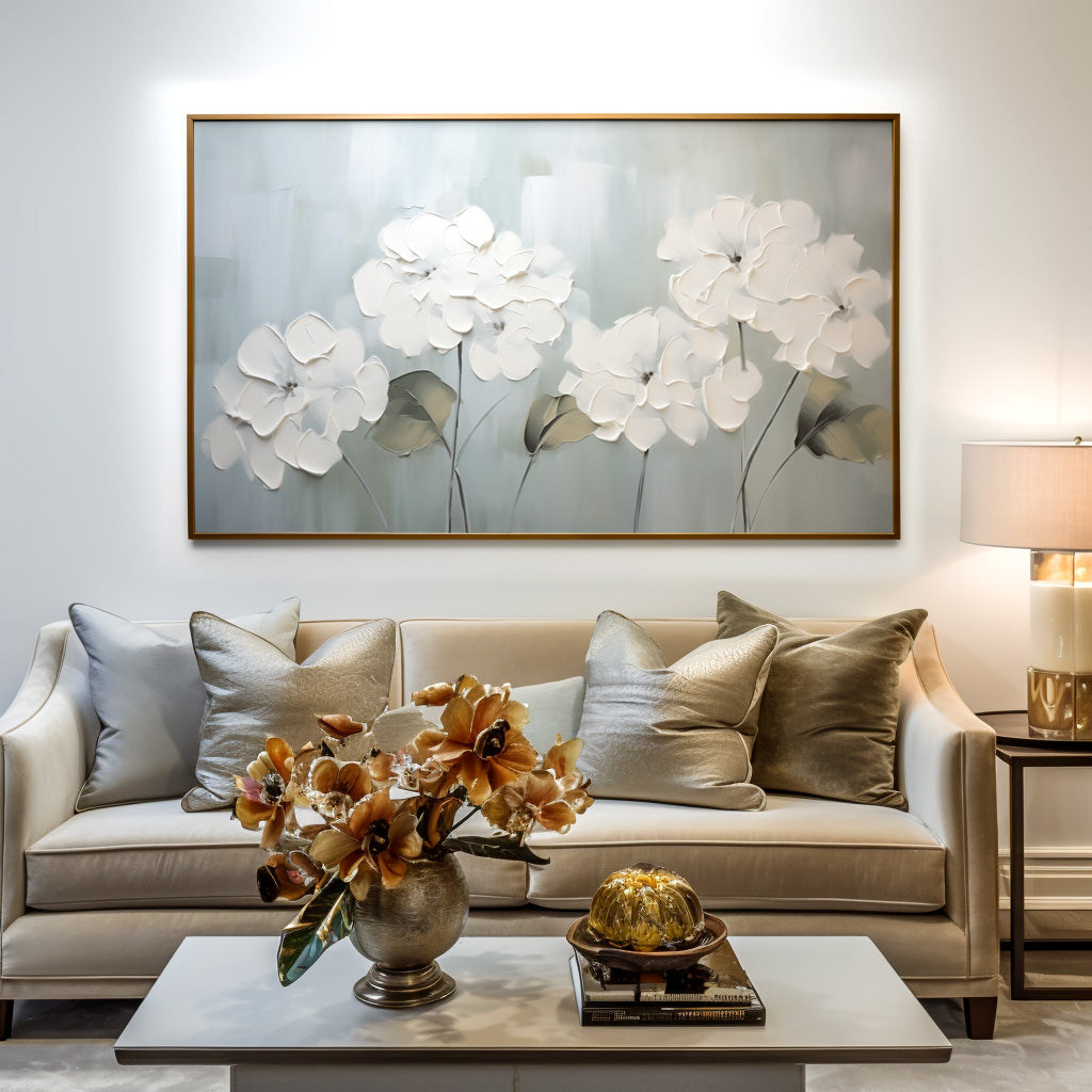 Elegant white flower oil painting with textured brushstrokes and a soft light blue background.